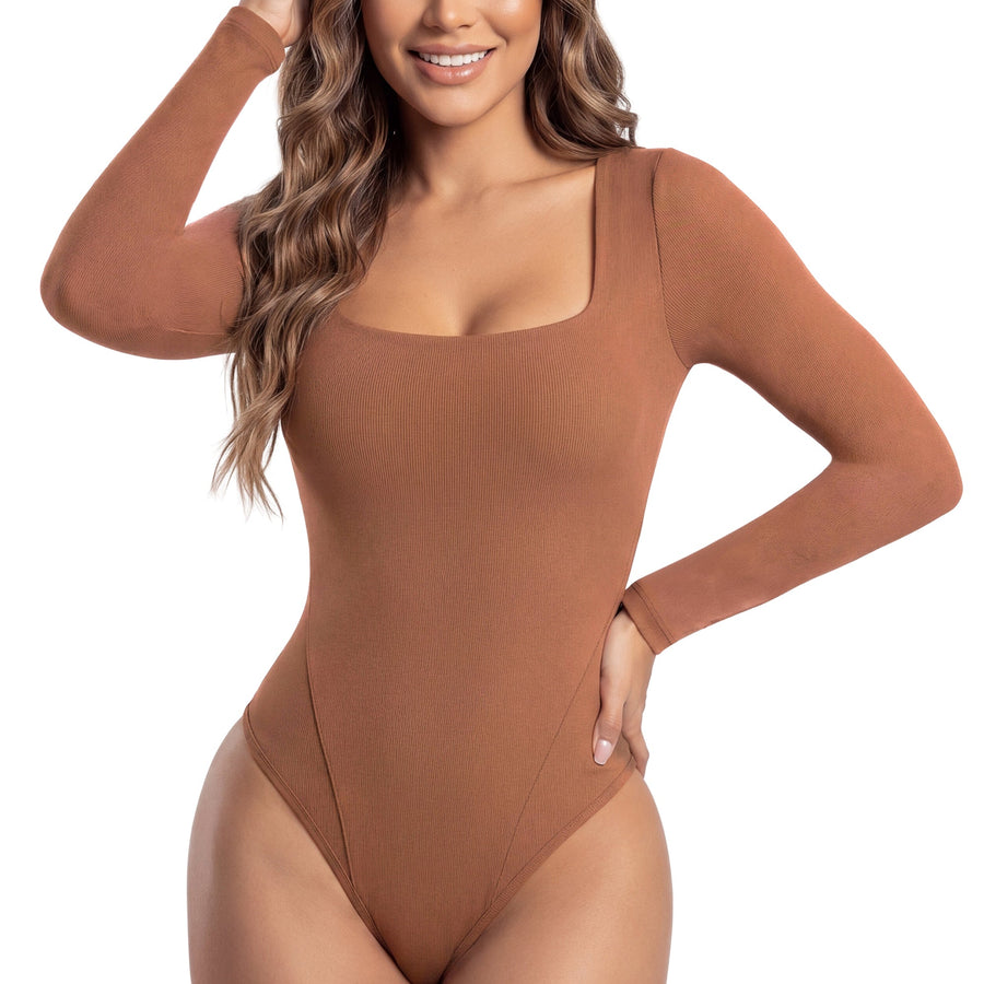 Salome 5503 Oak Line Square-Neck Long-Sleeve Thong Bodysuit