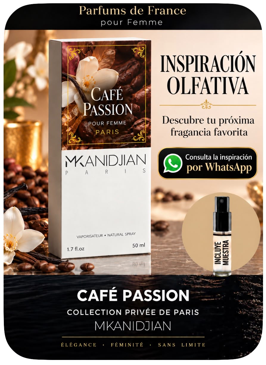 CAFÉ PASSION de Mkanidjian Paris, perfume para mujer de 50 ml con muestra